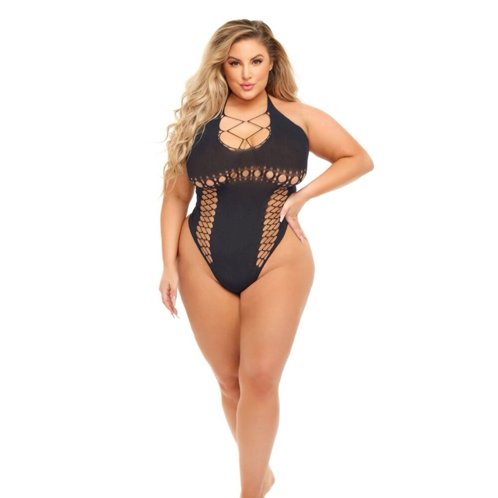 Pink Lipstick Hot Too Handle Bodysuit - Queen Size - Black